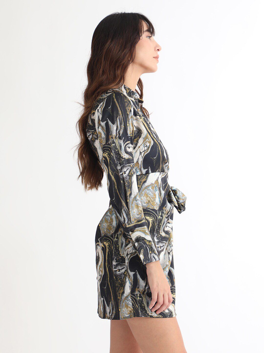 RAREISM Abstract Printed Shirt Collar Cuffed Sleeves Wrap Mini Dress