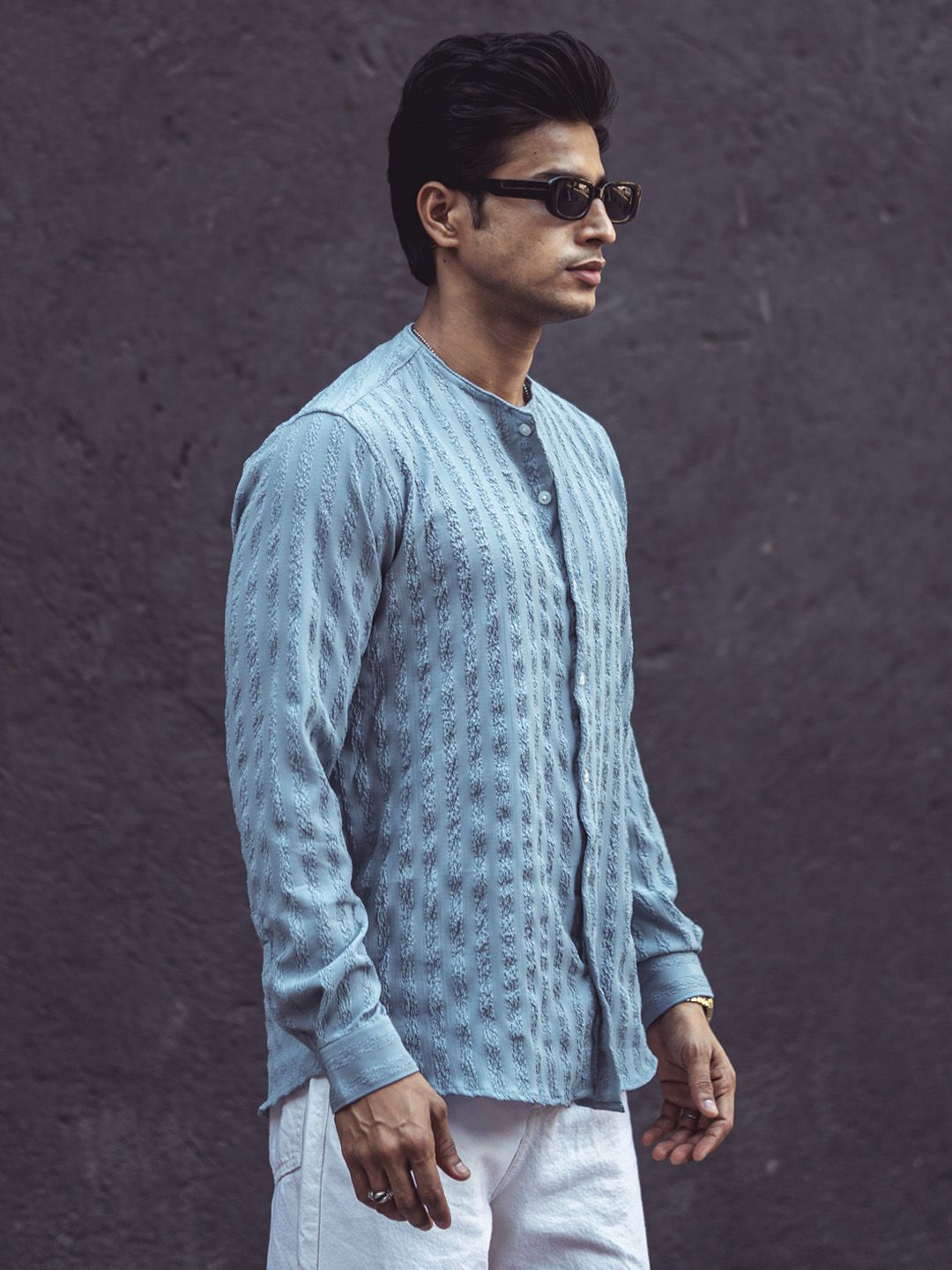 Powerlook Grey Mandarin Collar Opaque Knitted Casual Shirt