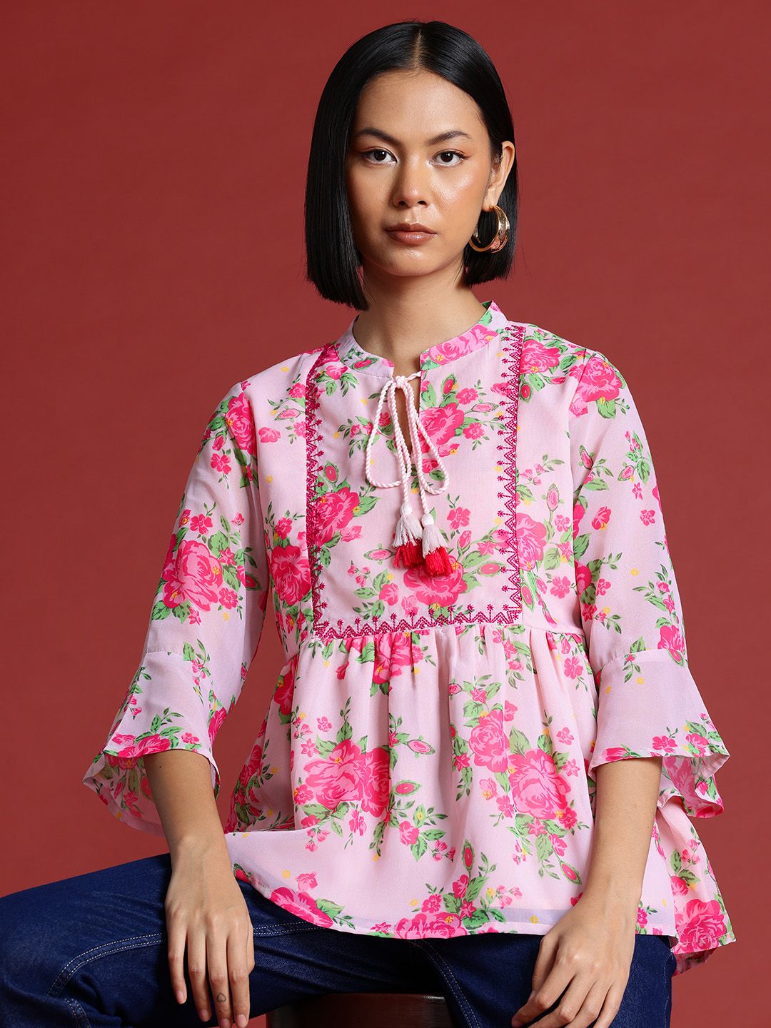all about you Floral Print Thread Work Pleated Short Kurti