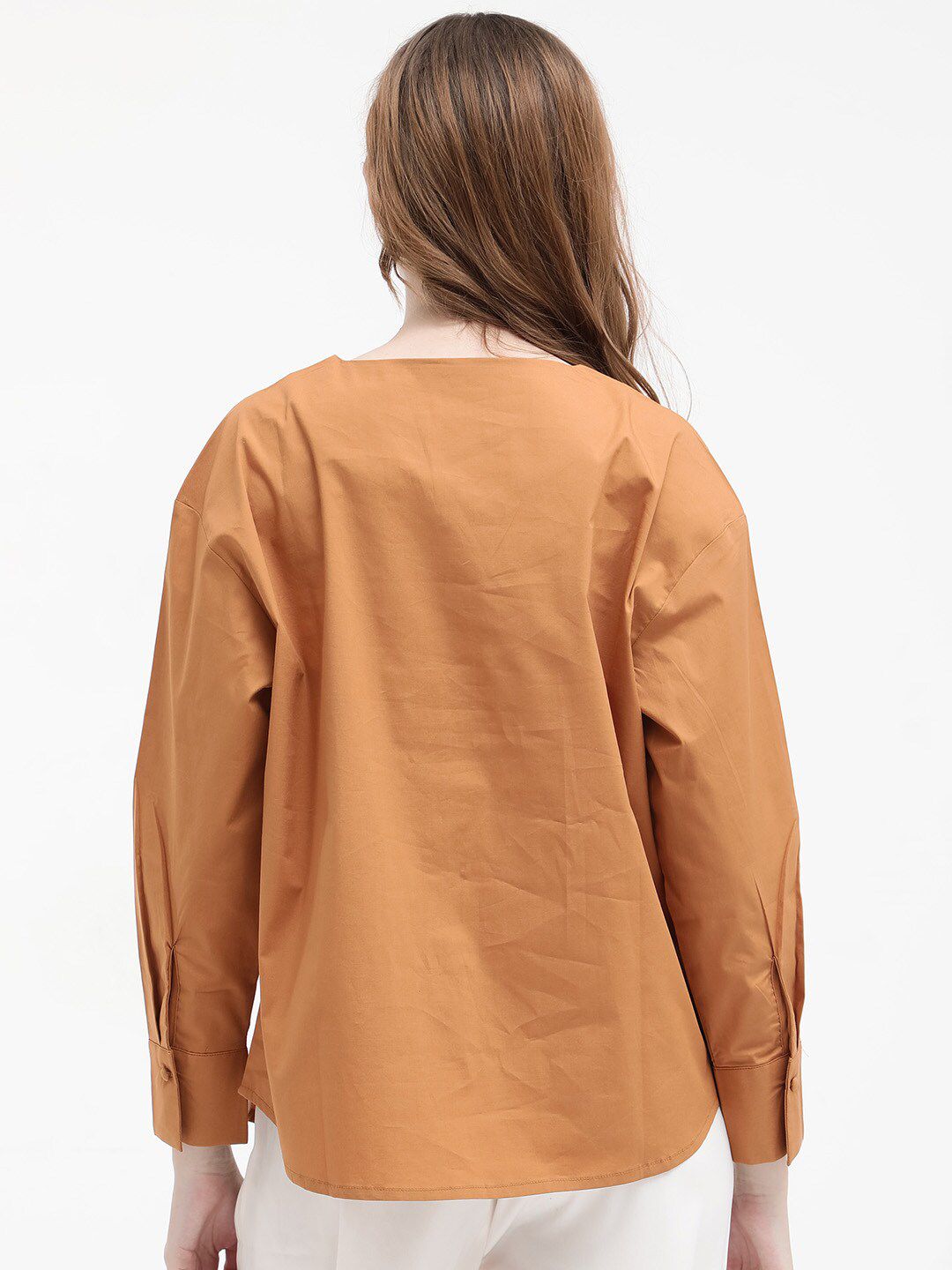 RAREISM Cotton Notched Neck Cuffed Sleeves Styled Back Casual Top