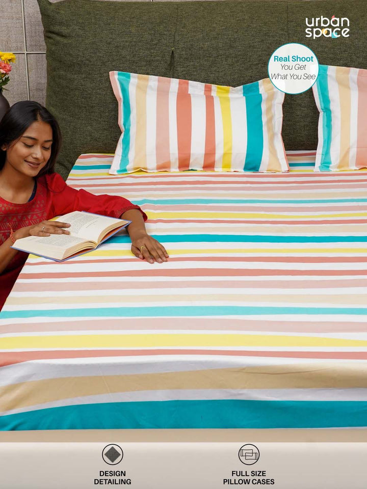 URBAN SPACE Serene White & Pink Pure Cotton 200 TC Single Bedsheet with 1 Pillow Cover