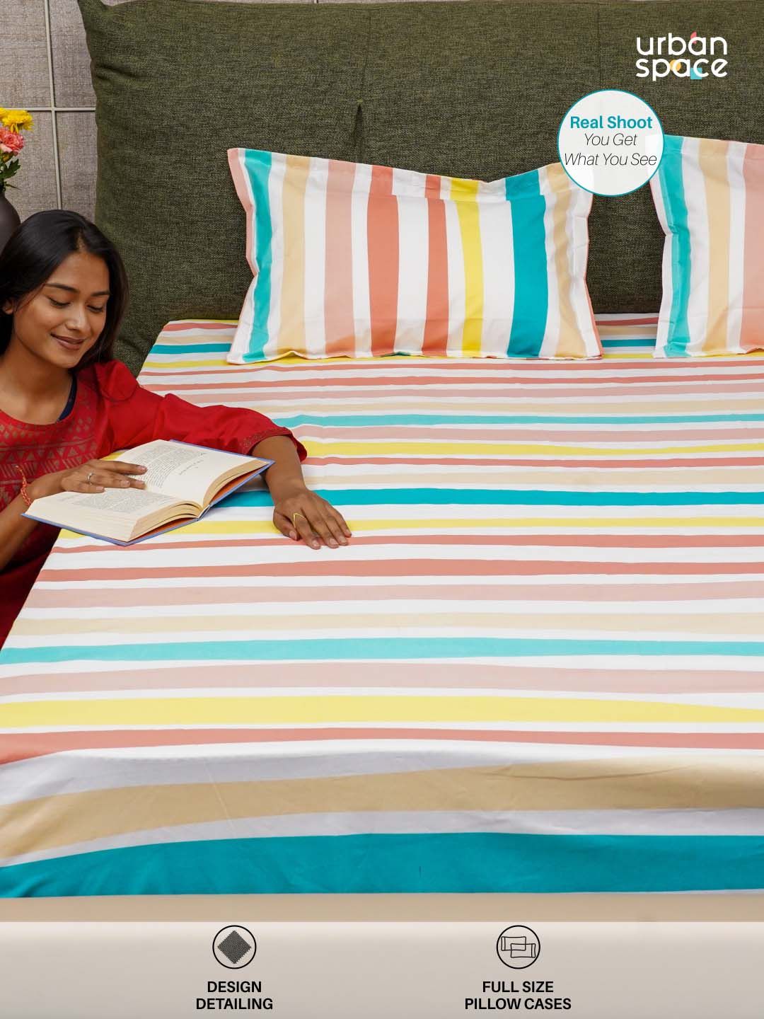 URBAN SPACE Serene White & Pink Pure Cotton 200 TC Single Bedsheet with 1 Pillow Cover