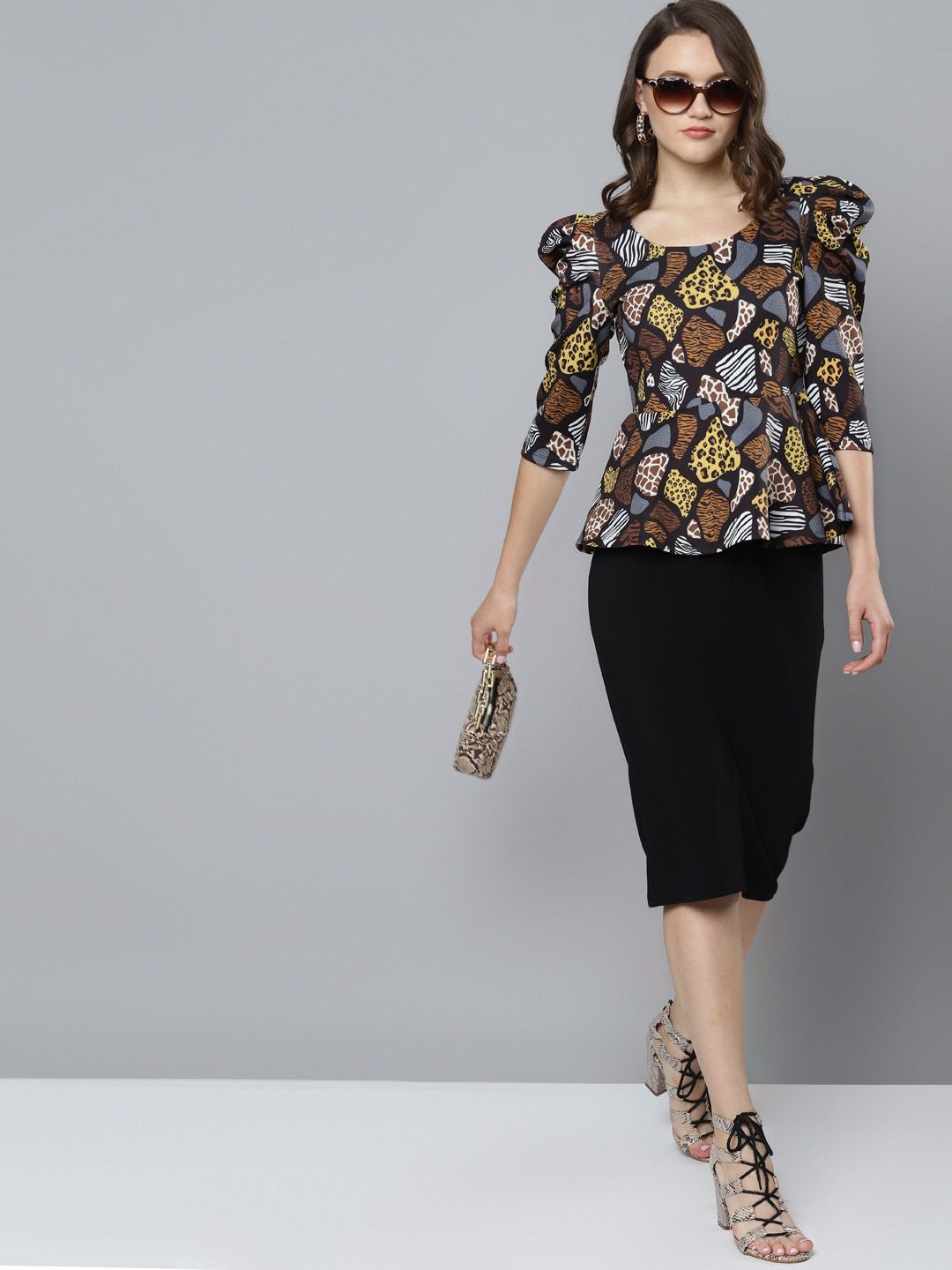 SASSAFRAS Black & Mustard Yellow Scuba Animal Print Peplum Top