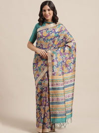 Saree mall Blue & Mustard Yellow Printed Bhagalpuri Handloom Saree