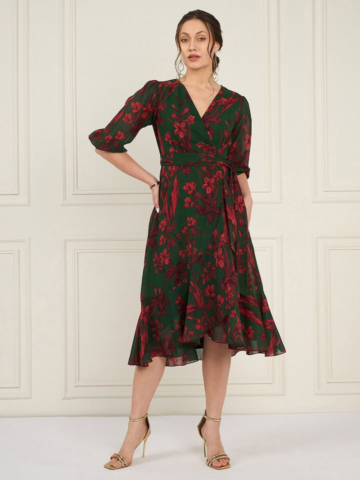 Antheaa Floral Printed Asymmetric Layered Georgette Wrap Midi Dress