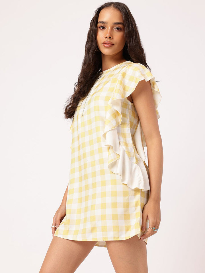 DressBerry Flowy Fantasy Checked Ruffled Mini Sheath Dress