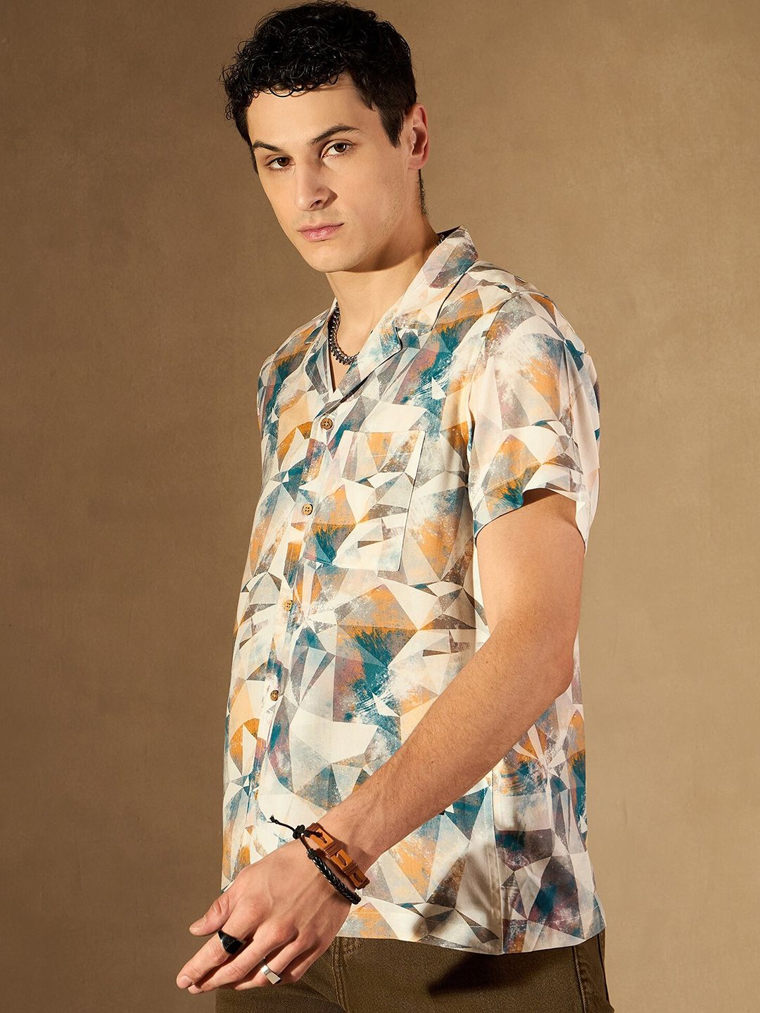 DENNISON Abstract Printed Cuban Collar Smart Oversized Casual Shirt
