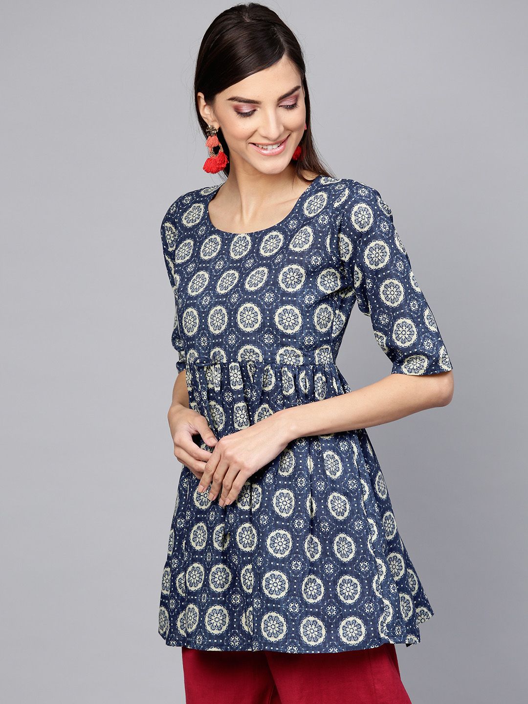 Gerua By Libas Women Navy Blue  Off-White Printed Pure Cotton A-Line Pure Cotton Kurti