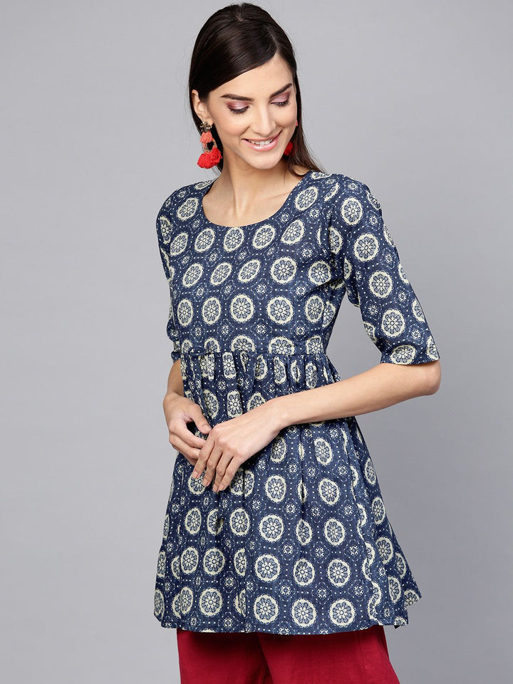Gerua By Libas Women Navy Blue  Off-White Printed Pure Cotton A-Line Pure Cotton Kurti