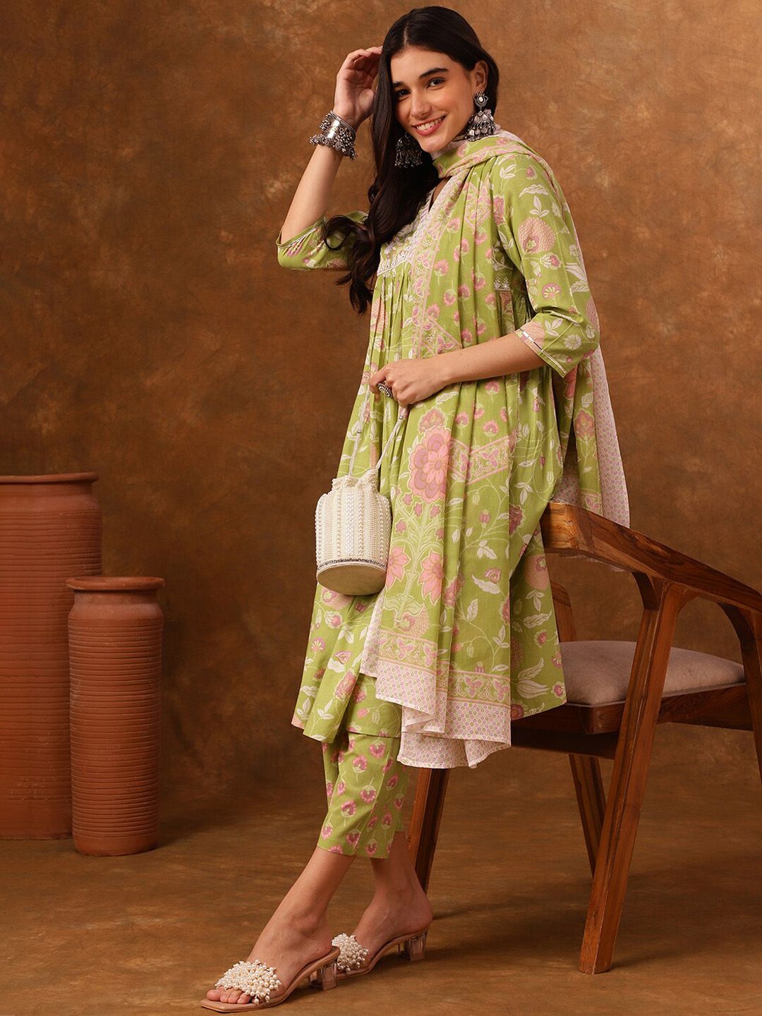 Anouk Floral Printed Regular Thread Work Empire Pure Cotton Kurta With Palazzos & Dupatta