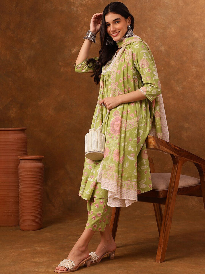 Anouk Floral Printed Regular Thread Work Empire Pure Cotton Kurta With Palazzos & Dupatta