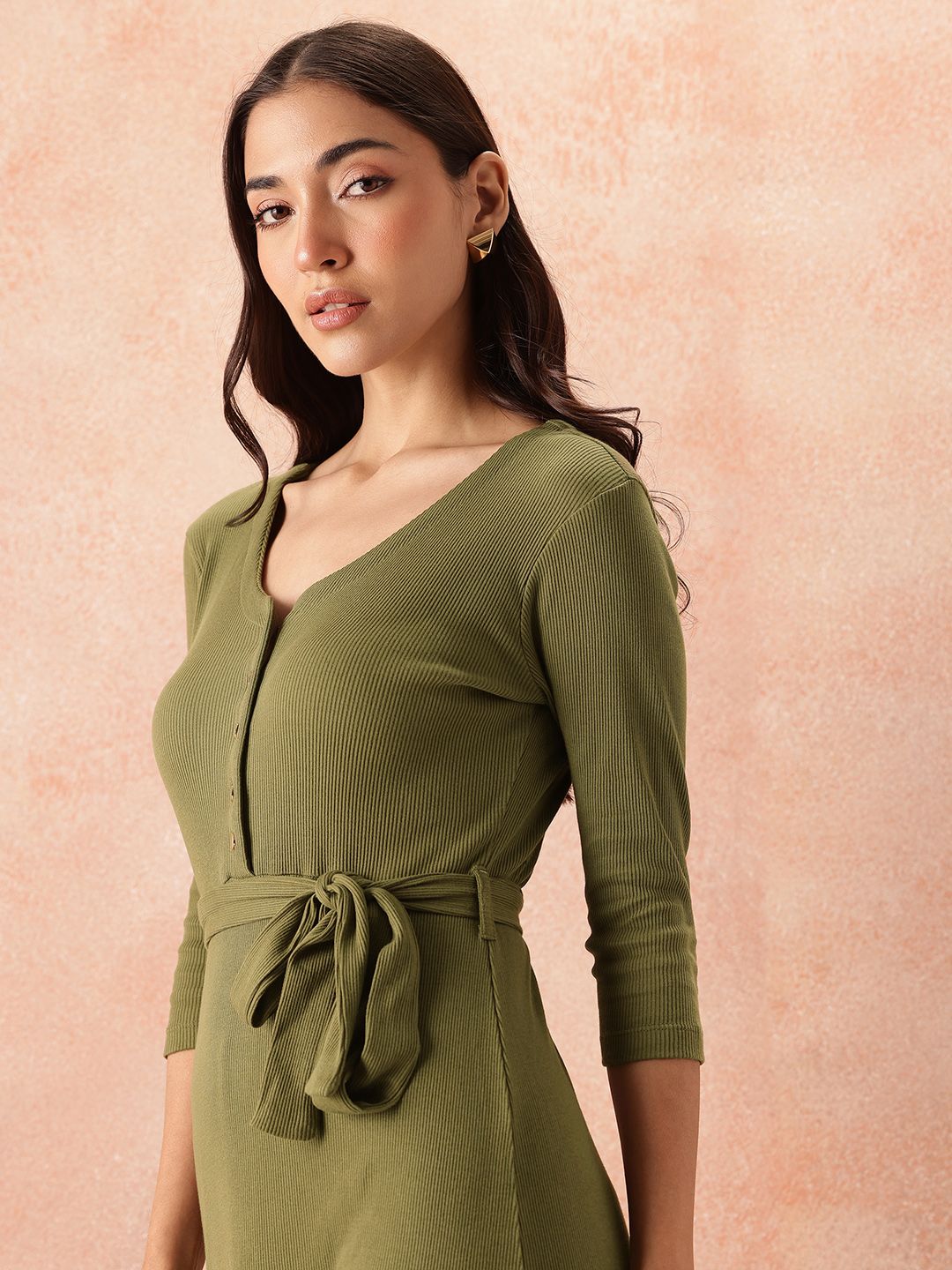 all about you Cotton Ribbed Sheath Midi Dress with Belt