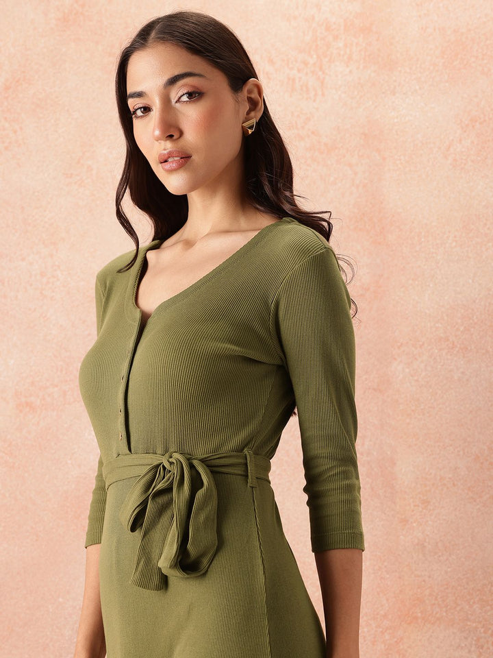 all about you Cotton Ribbed Sheath Midi Dress with Belt