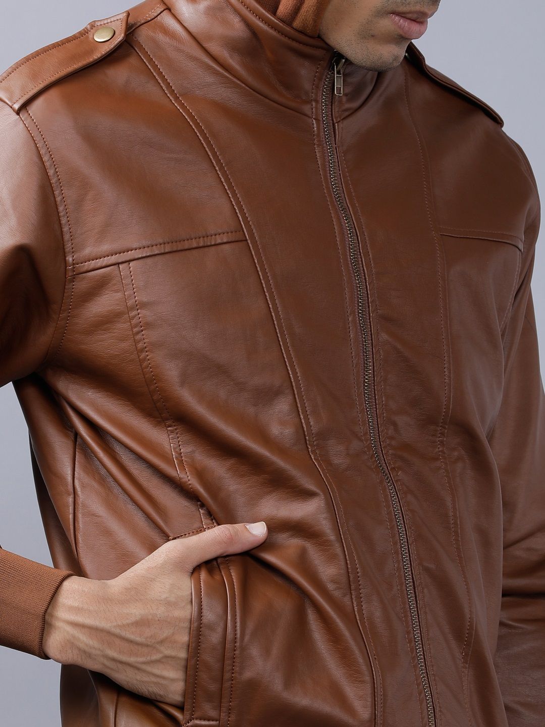 HIGHLANDER Men Brown Solid Biker Jacket