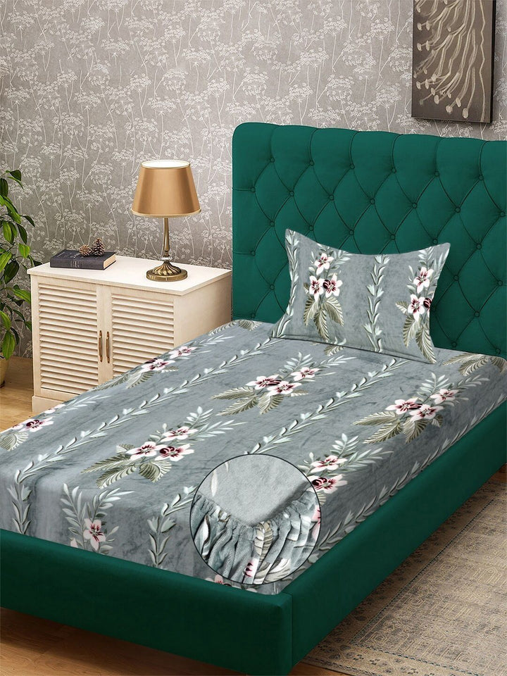 KLOTTHE Green Floral Printed Fitted 300 TC Woolen Single Bedsheet With 1 Pillow Cover