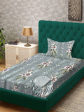 KLOTTHE Green Floral Printed Fitted 300 TC Woolen Single Bedsheet With 1 Pillow Cover