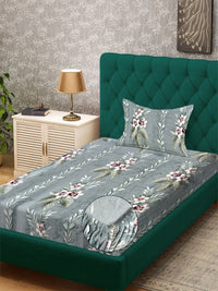 KLOTTHE Green Floral Printed Fitted 300 TC Woolen Single Bedsheet With 1 Pillow Cover