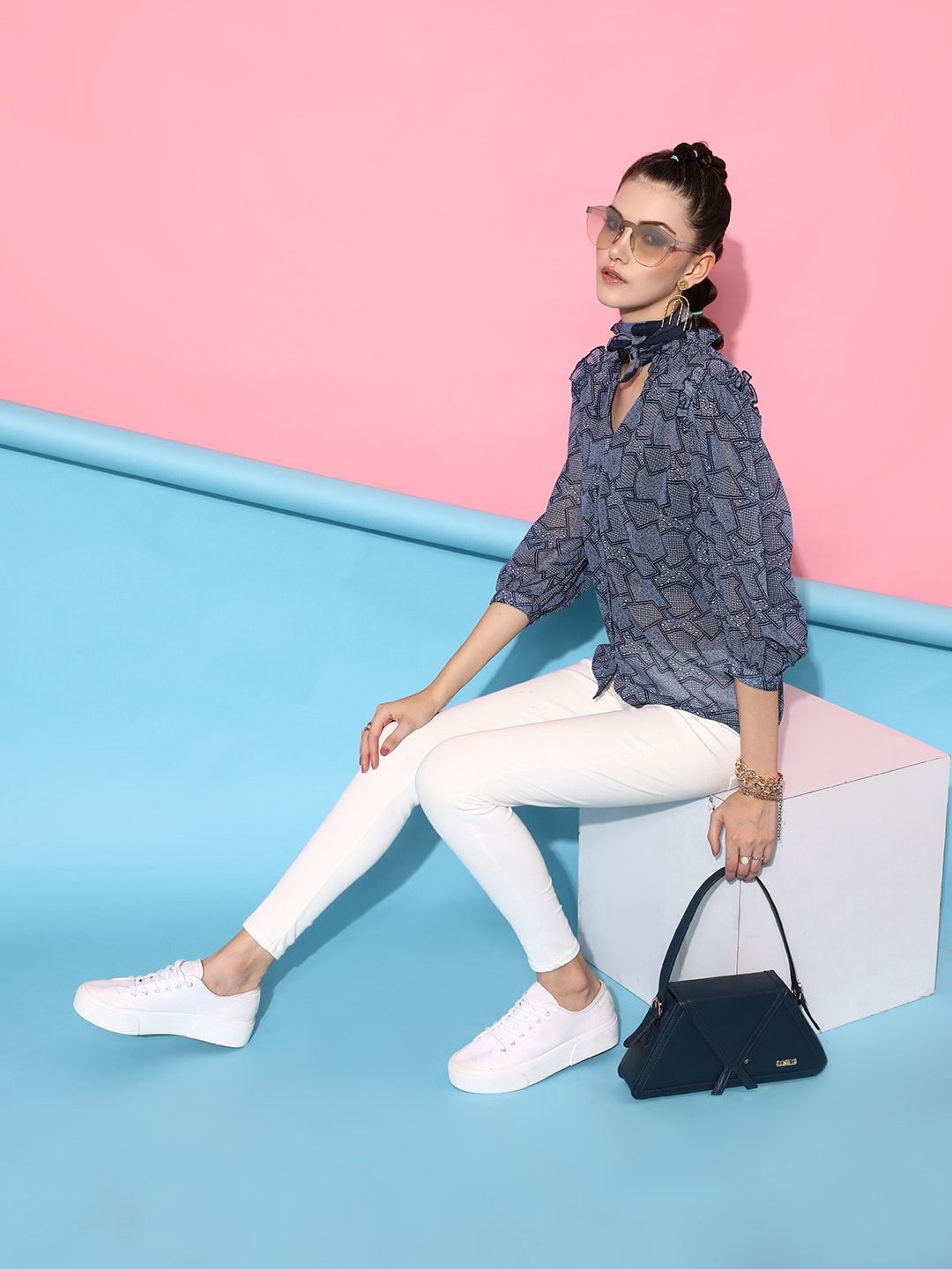 STREET 9 Women Blue & White Floral Sheer Printed Casual Shirt