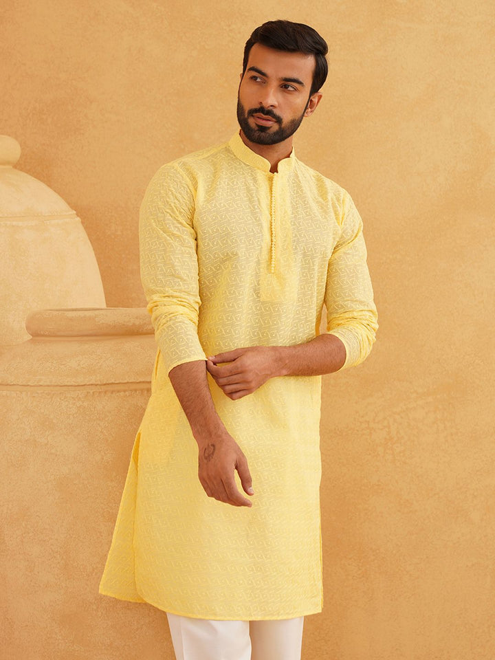 SOJANYA Lelaki Motif Etnik Kapas Tulen Sulam Kurta Chikankari