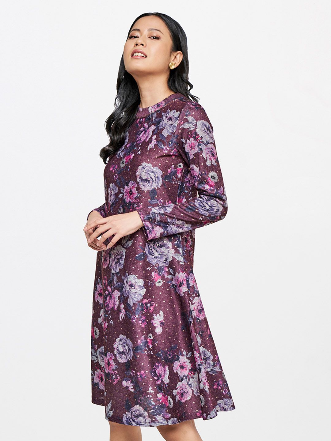Global Desi Purple & Blue Floral Print A-Line Dress