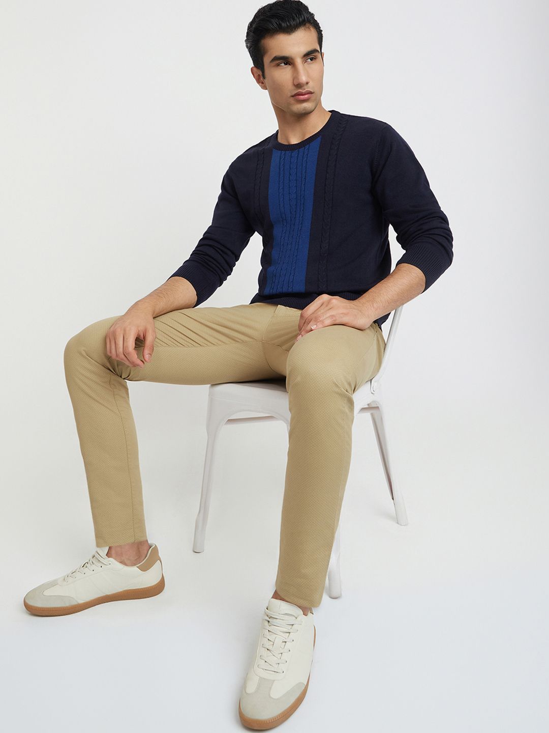 Raymond Men Blue Cable Knit Woolen Pullover