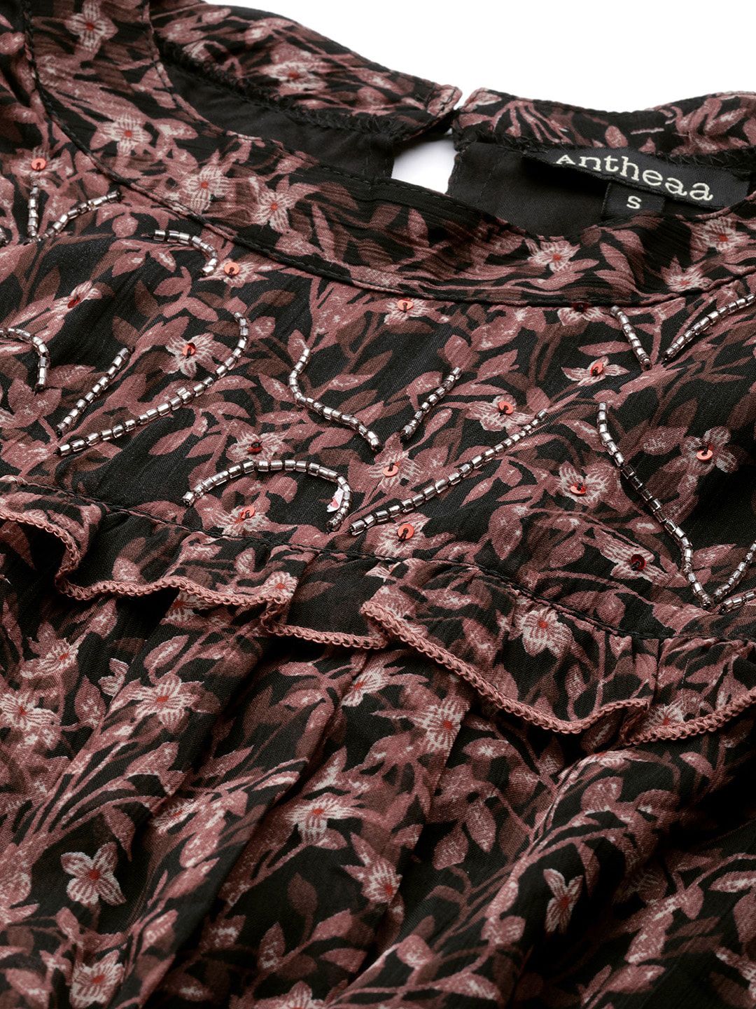 Antheaa Women Black & Mauve Floral Print Maxi Dress