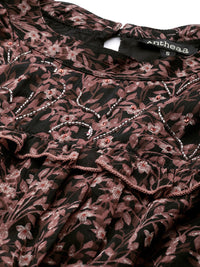 Antheaa Women Black & Mauve Floral Print Maxi Dress