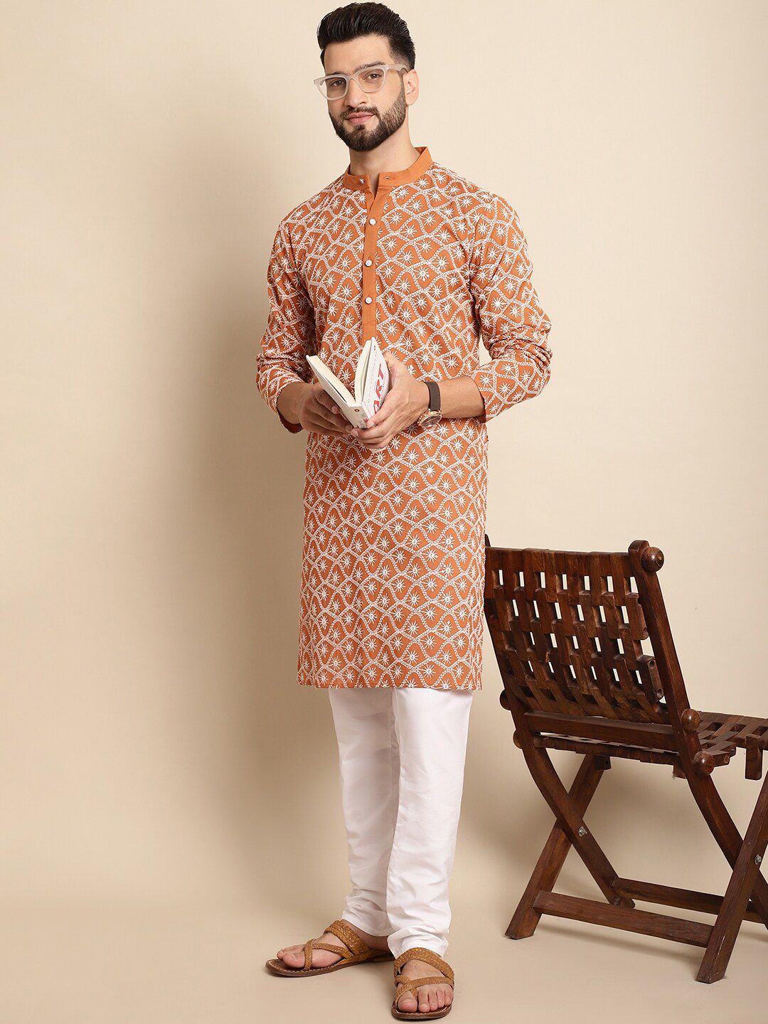 Anouk Orange-Coloured & White Floral Embroidered Thread Work Pure Cotton Kurta Set