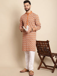 Anouk Orange-Coloured & White Floral Embroidered Thread Work Pure Cotton Kurta Set