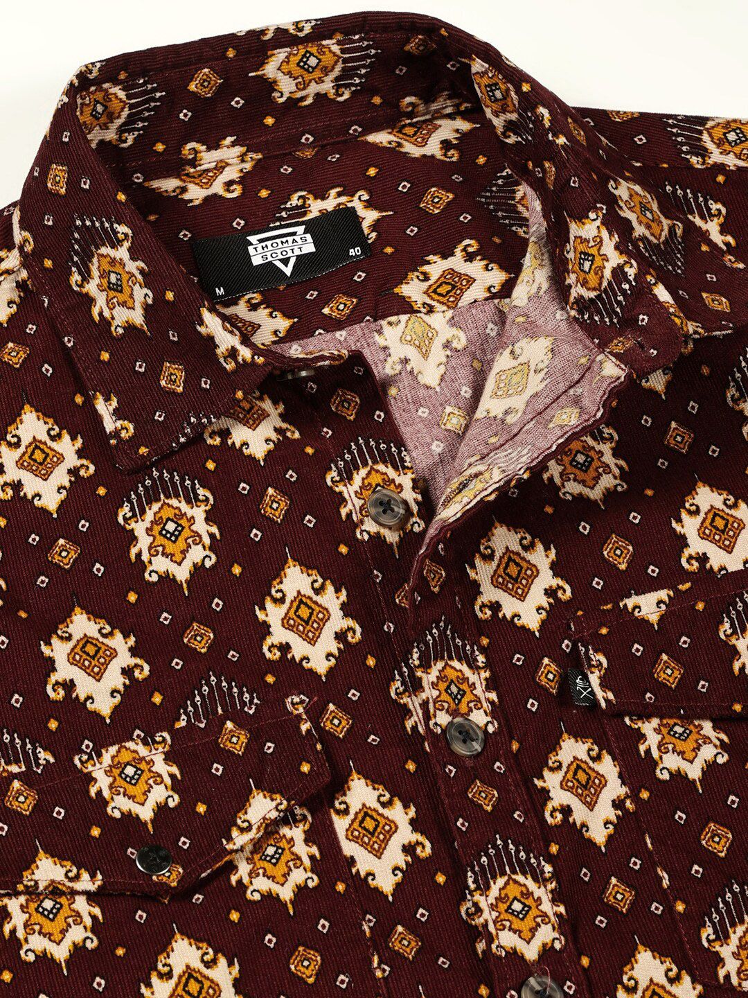 Thomas Scott Classic Slim Fit Ethnic Motifs Printed Pure Cotton Corduroy Semiformal Shirt