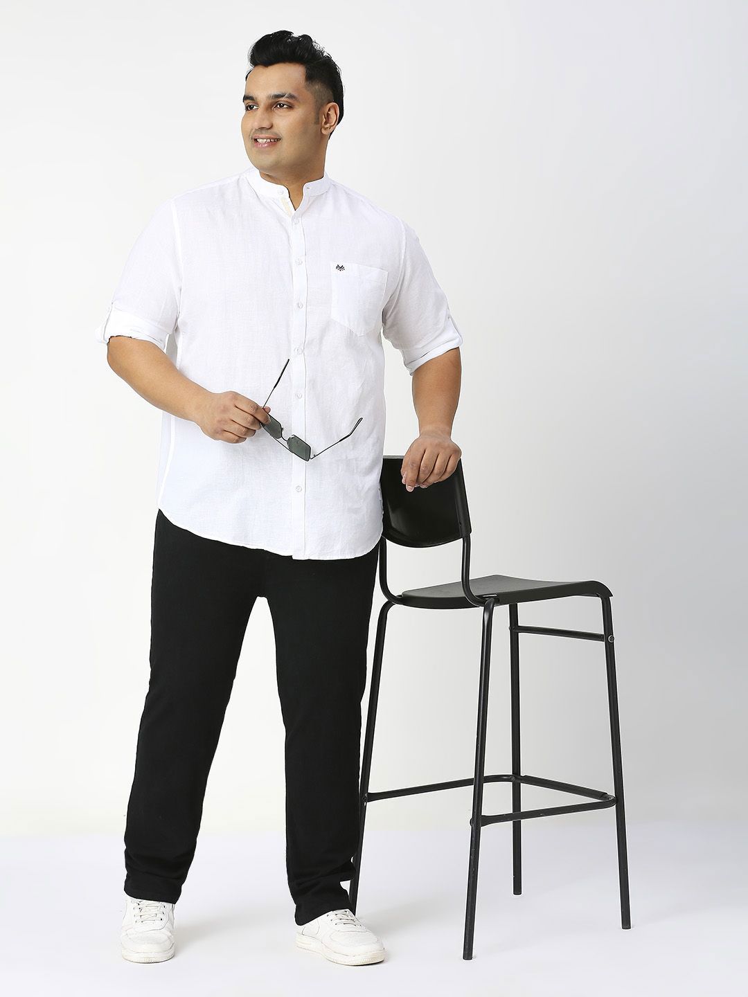 Thomas Scott Plus Size Premium Mandarin Collar Roll-Up Sleeves Cotton Linen Casual Shirt