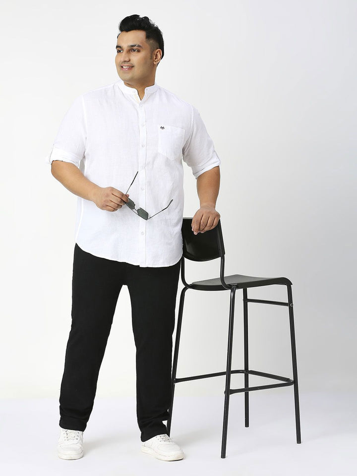 Thomas Scott Plus Size Premium Mandarin Collar Roll-Up Sleeves Cotton Linen Casual Shirt