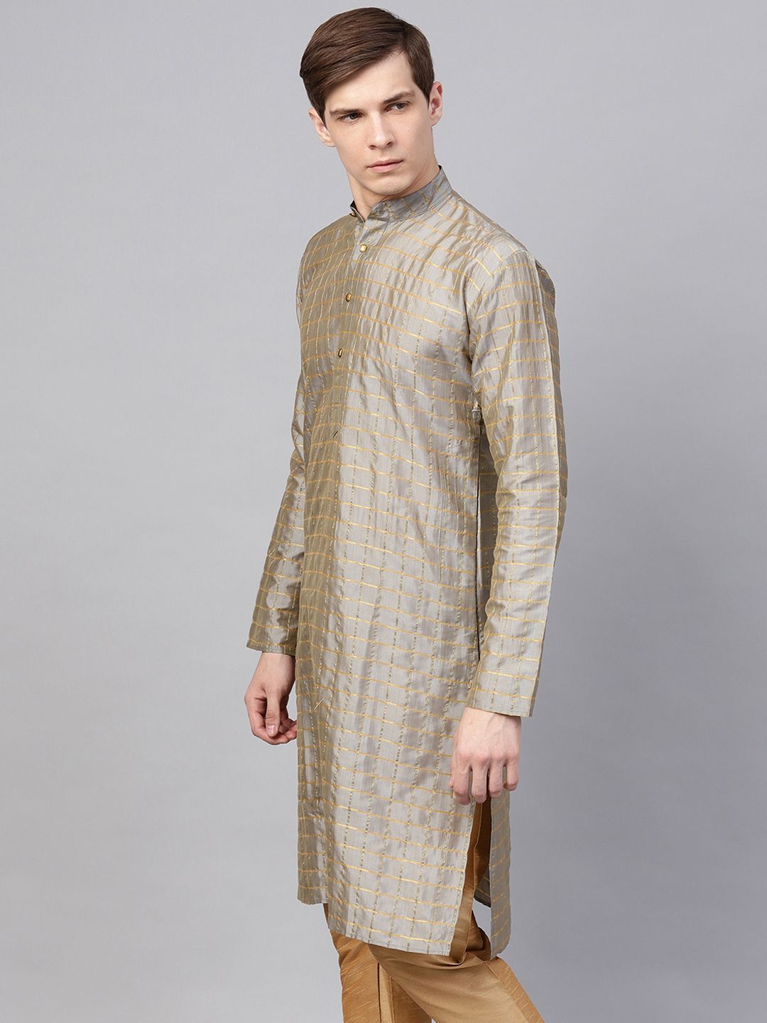 SOJANYA Men Grey Checked Straight Kurta