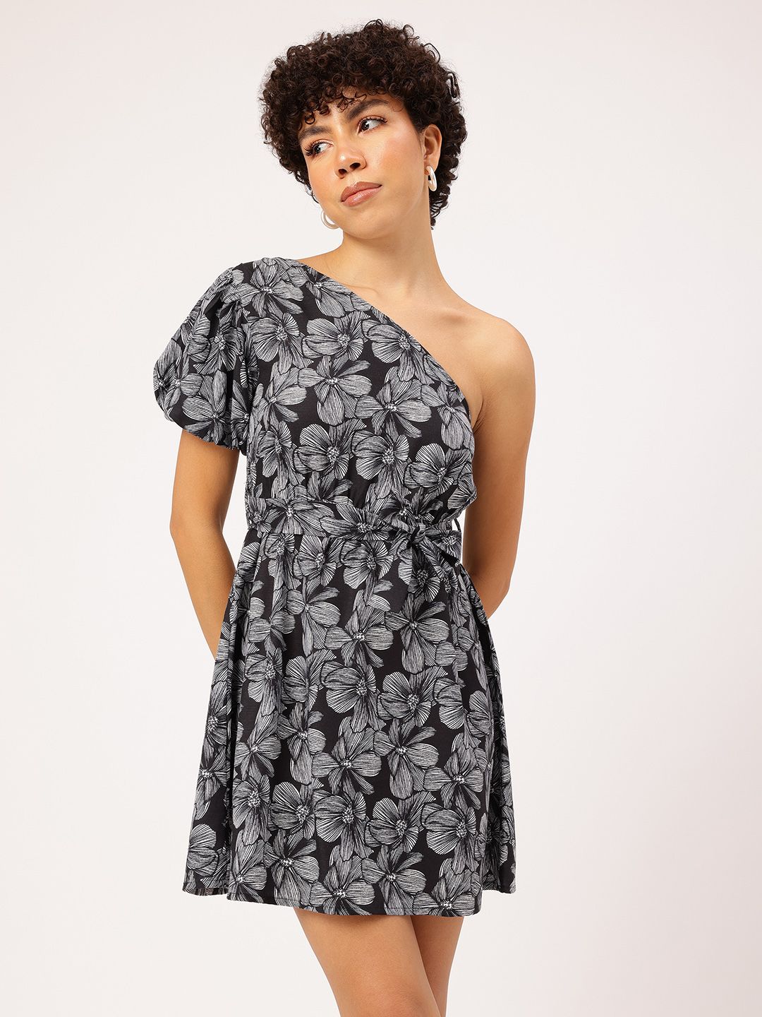 DressBerry Sketchy Monochrome One Shoulder Floral Tie-up Detailed Fit & Flare Dress
