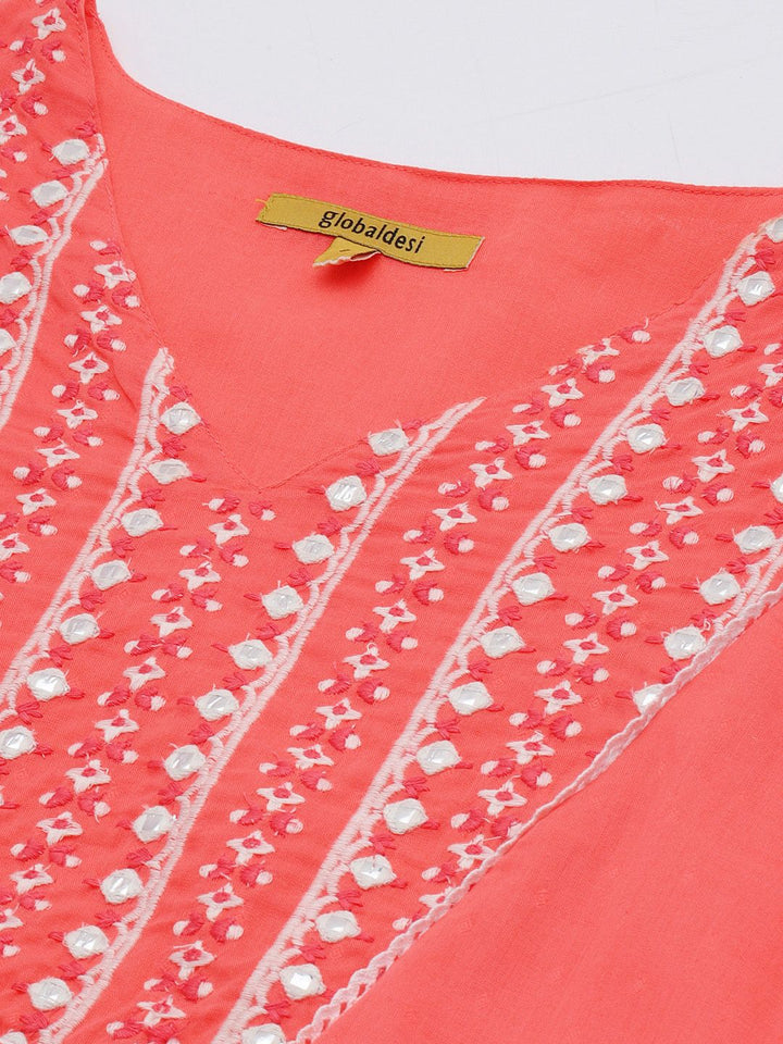 Global Desi Women Coral Pink & White Embroidered A-Line Dress