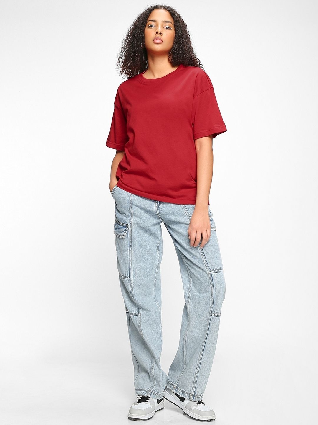 Bewakoof Women Red Cotton Drop-Shoulder Sleeves Oversized T-shirt
