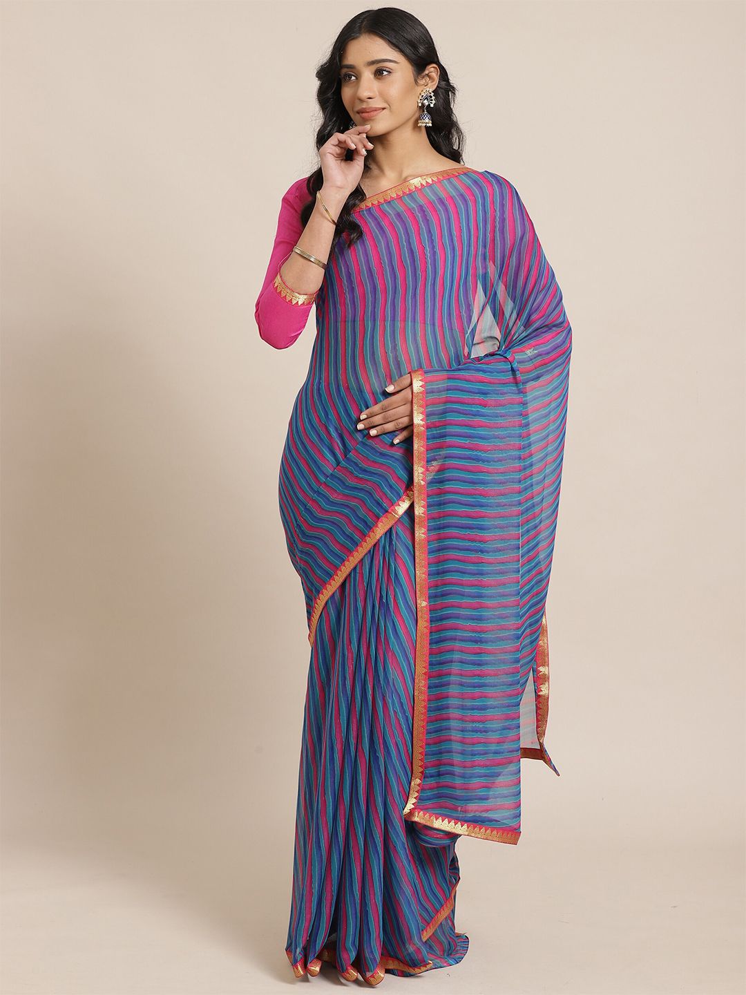Saree mall Teal Blue & Pink Leheriya Printed Sarees