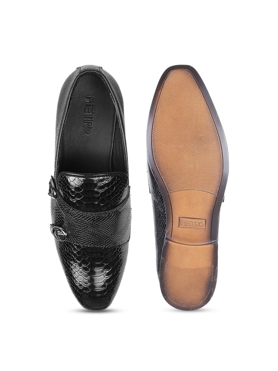 Metro Men Textured Formal Monk Shoes With Buckle Detail