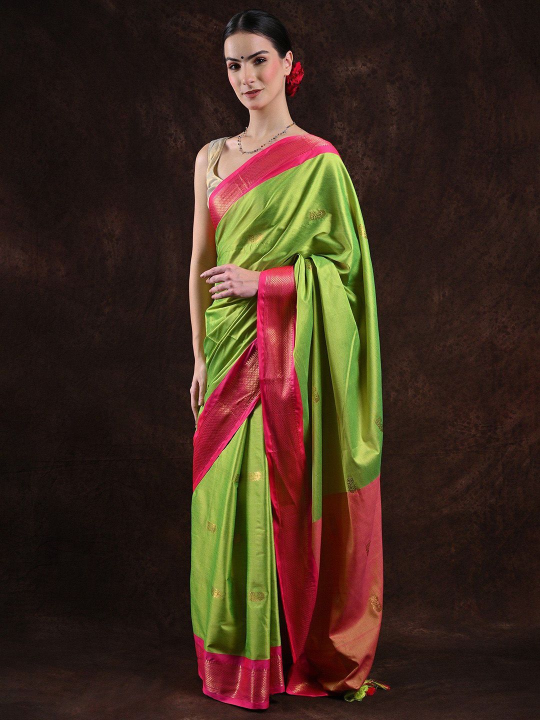 Exotic India Grenoble Green Saree with Zari Woven Peacocks and Contrast Border