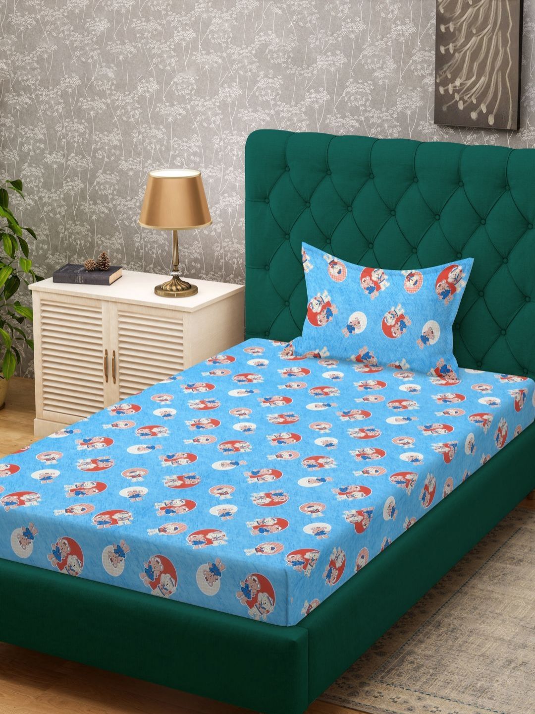 KLOTTHE Blue Conversational Pure Cotton 400 TC Single Cadar Superfine dengan Sarung Bantal-89 x 59 inci