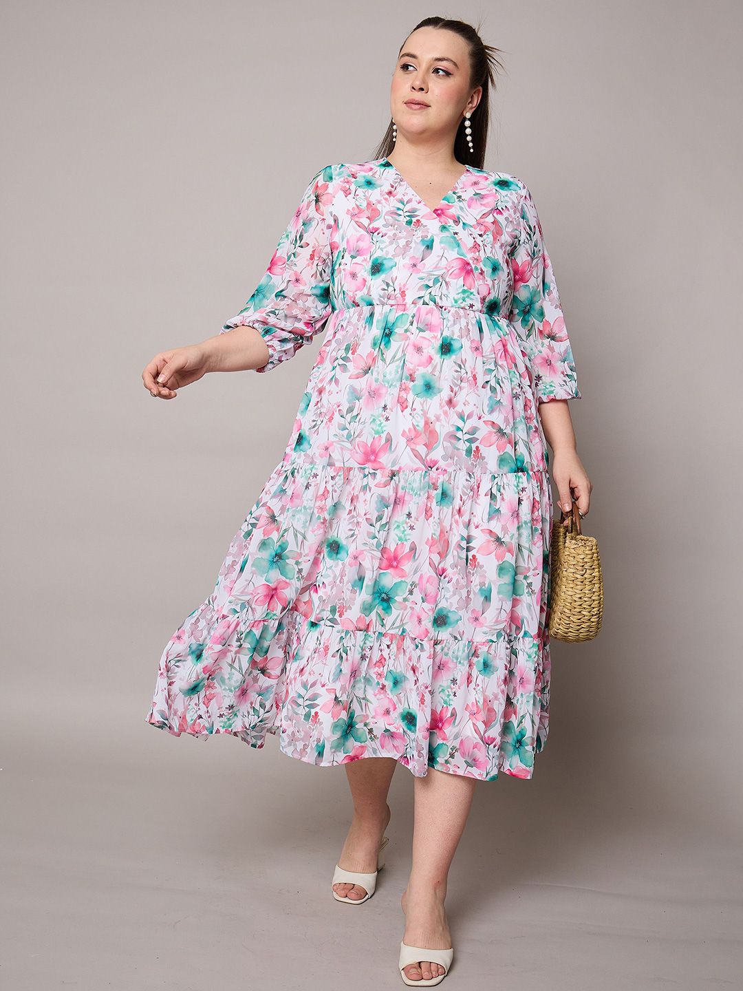 SASSAFRAS Women Plus Size Floral Print Georgette Midi Dress
