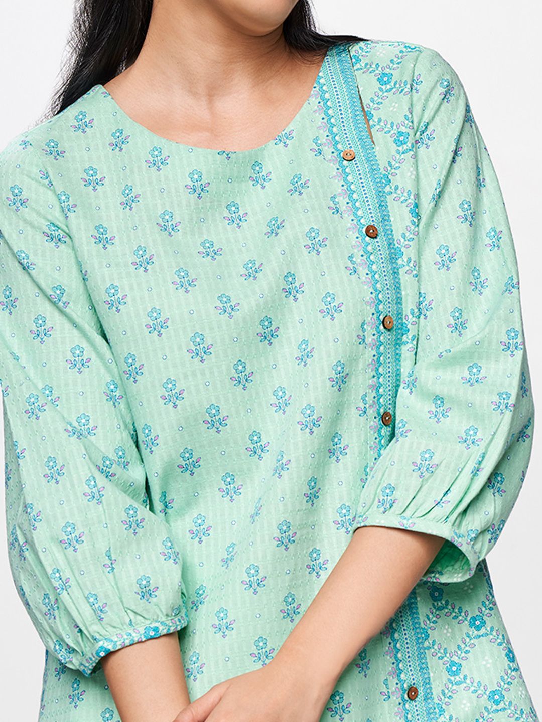 Global Desi Turquoise Blue Printed Tunic with Button Detailing
