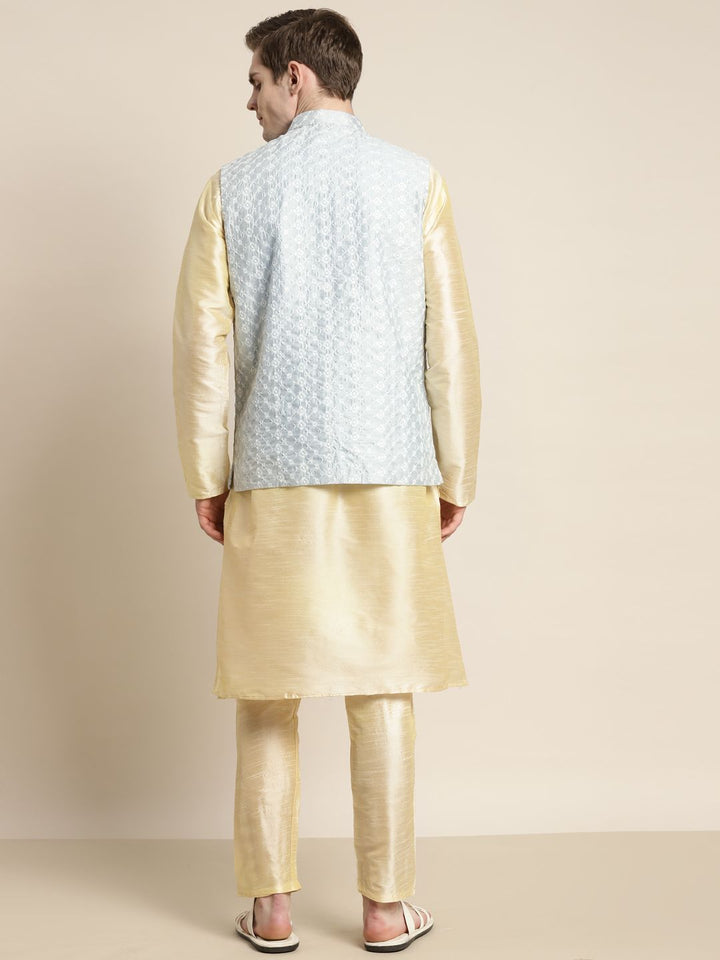 SOJANYA Men Solid Kurta with Churidar & Embroidered Nehru Jacket
