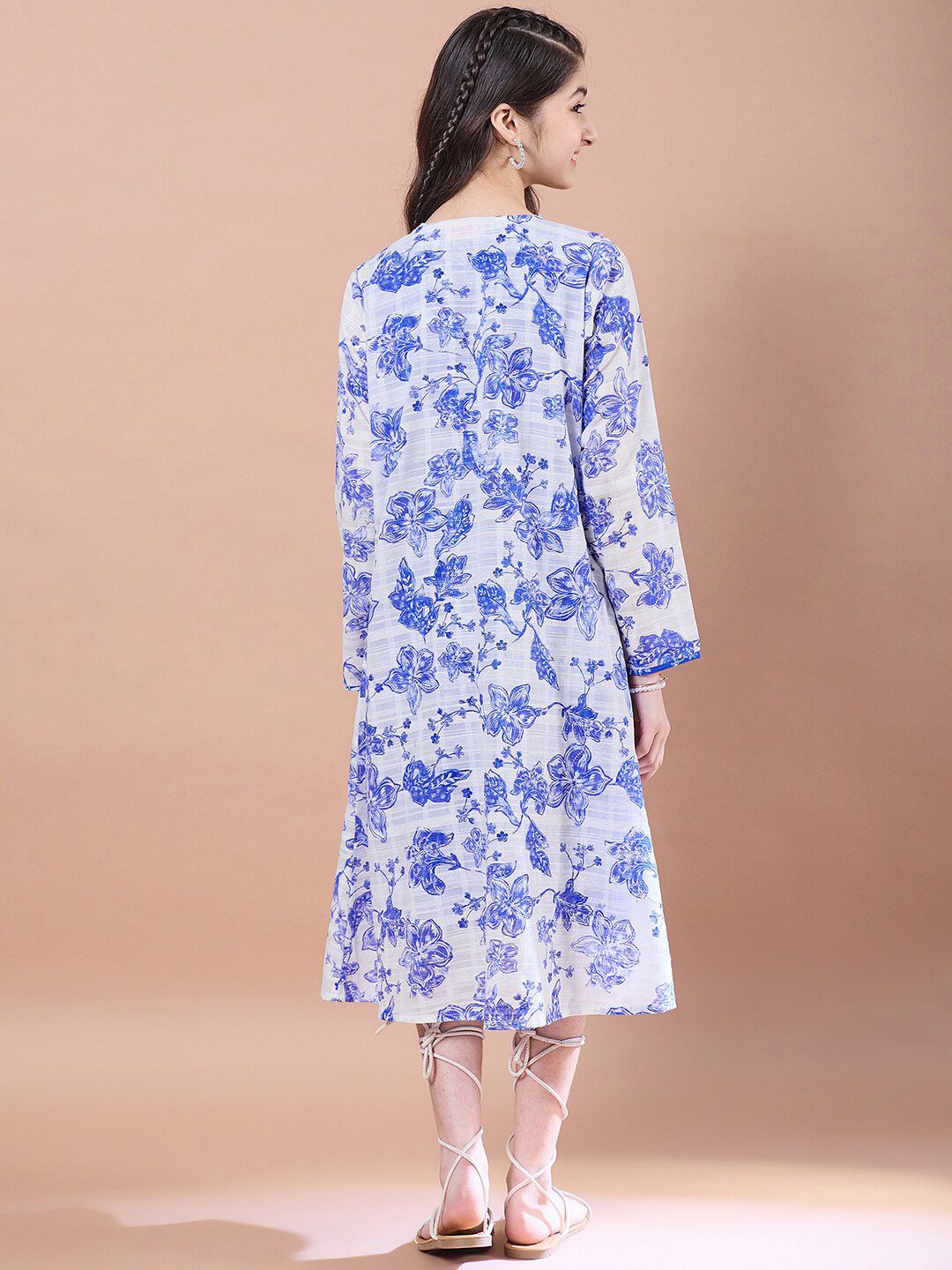 pspeaches Girls Floral Print V-Neck Long Sleeves A-Line Midi Dress With Shrug