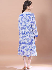 pspeaches Girls Floral Print V-Neck Long Sleeves A-Line Midi Dress With Shrug