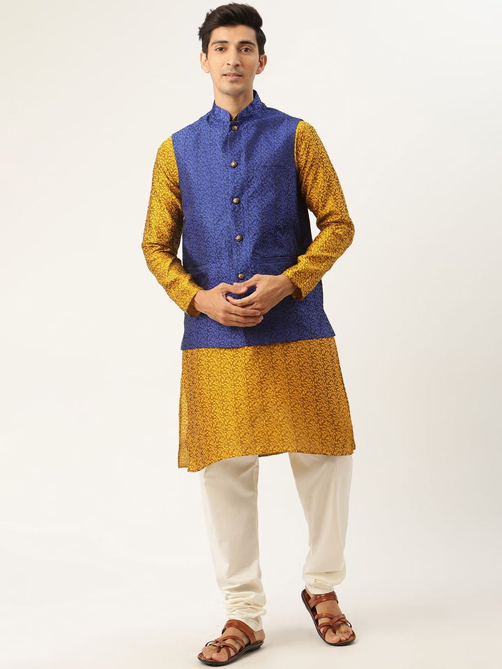 SOJANYA Men Mustard Yellow Jacquard Silk Kurta with Churidar & Nehru Jacket