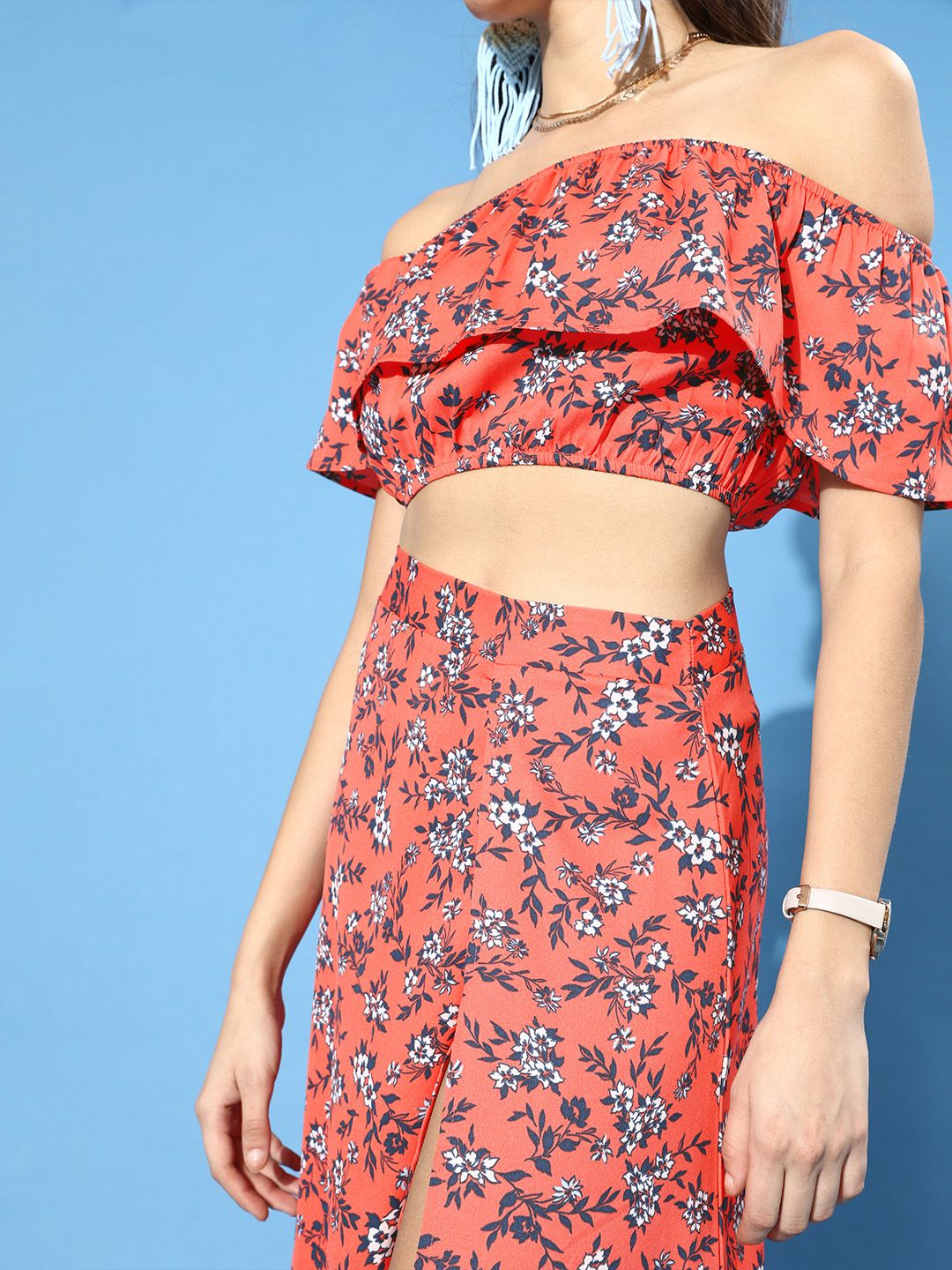 Berrylush Orange Floral Off-Shoulder Crepe Maxi Dress