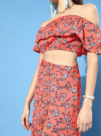 Berrylush Orange Floral Off-Shoulder Crepe Maxi Dress