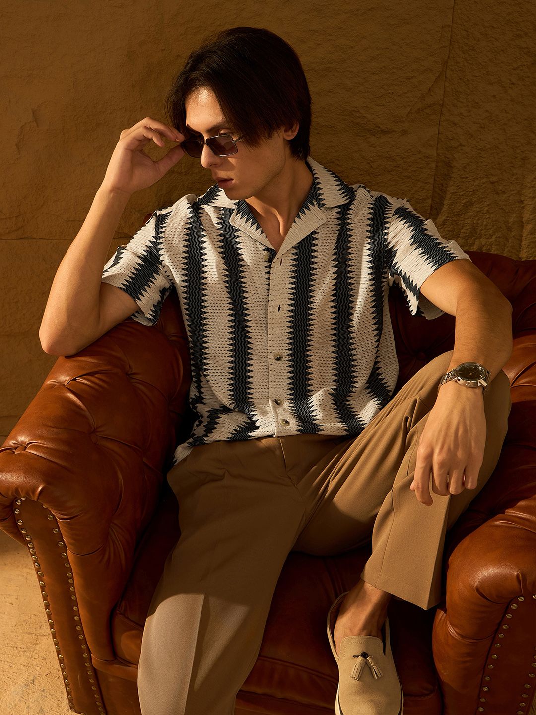 DENNISON Relaxed Vertical Striped Printed Cuban Collar Oversized Cotton Crochet Shirt