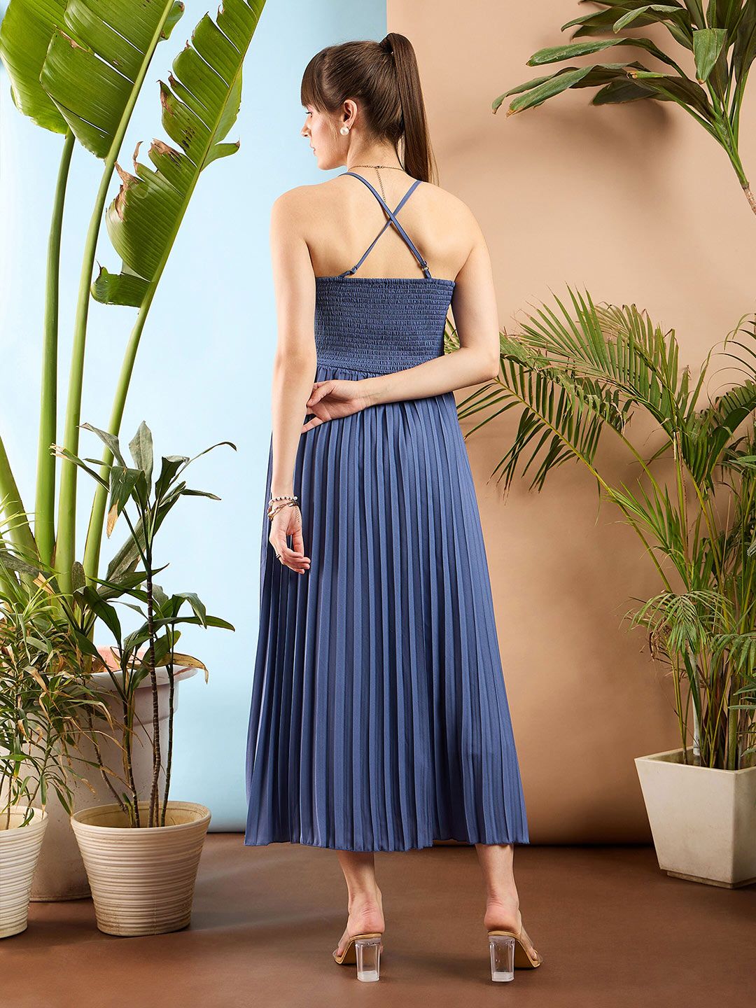 SASSAFRAS Shoulder Strap Pleated A-Line Maxi Dress